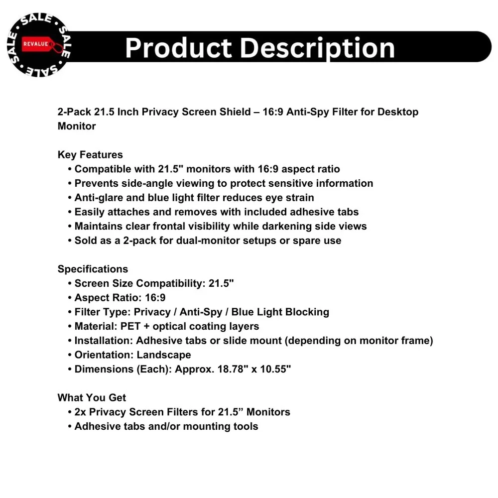 2-Pack 21.5 Inch Privacy Screen Shield– 16:9 Anti-Spy Filter for Desktop Monitor
